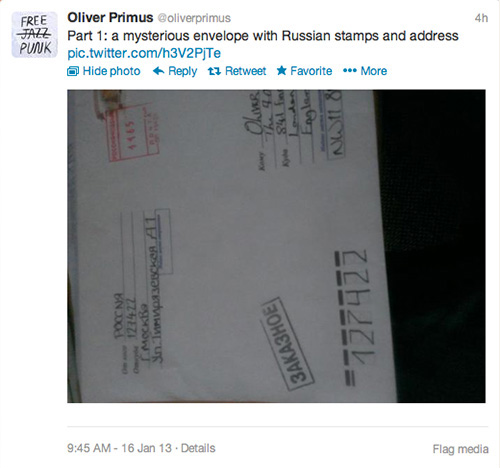 Screenshot of Oliver Primus’ (The Guardian and The 405) tweet showing a photo of the envelope.