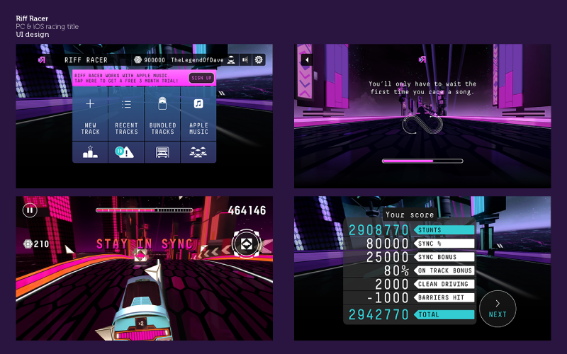 A selection of screens from Riff Racer's UI.