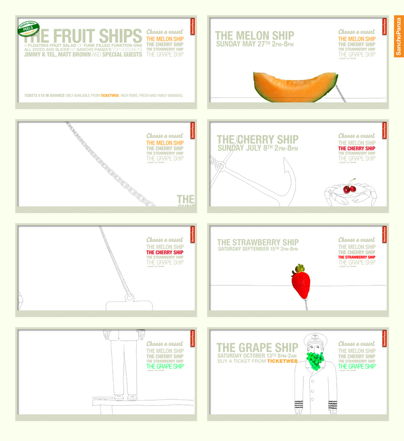 Interactive flyer for the Fruit Ships series of boat parties.